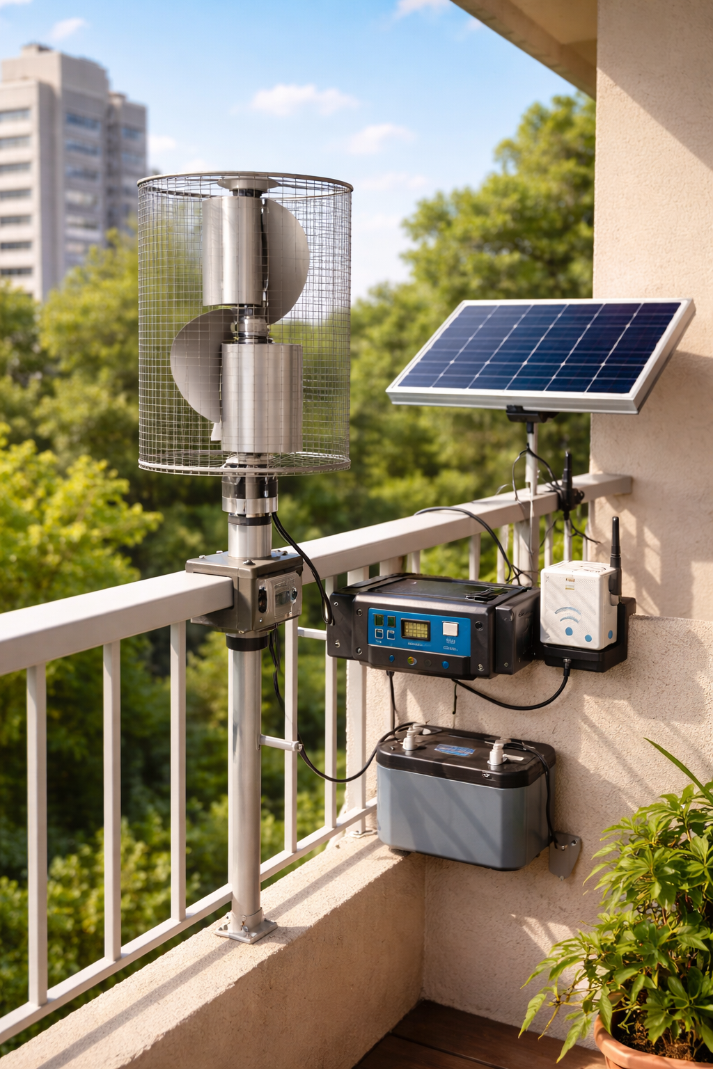 ePod on a balcony — vertical-axis wind turbine, solar panel, battery, and mesh radio