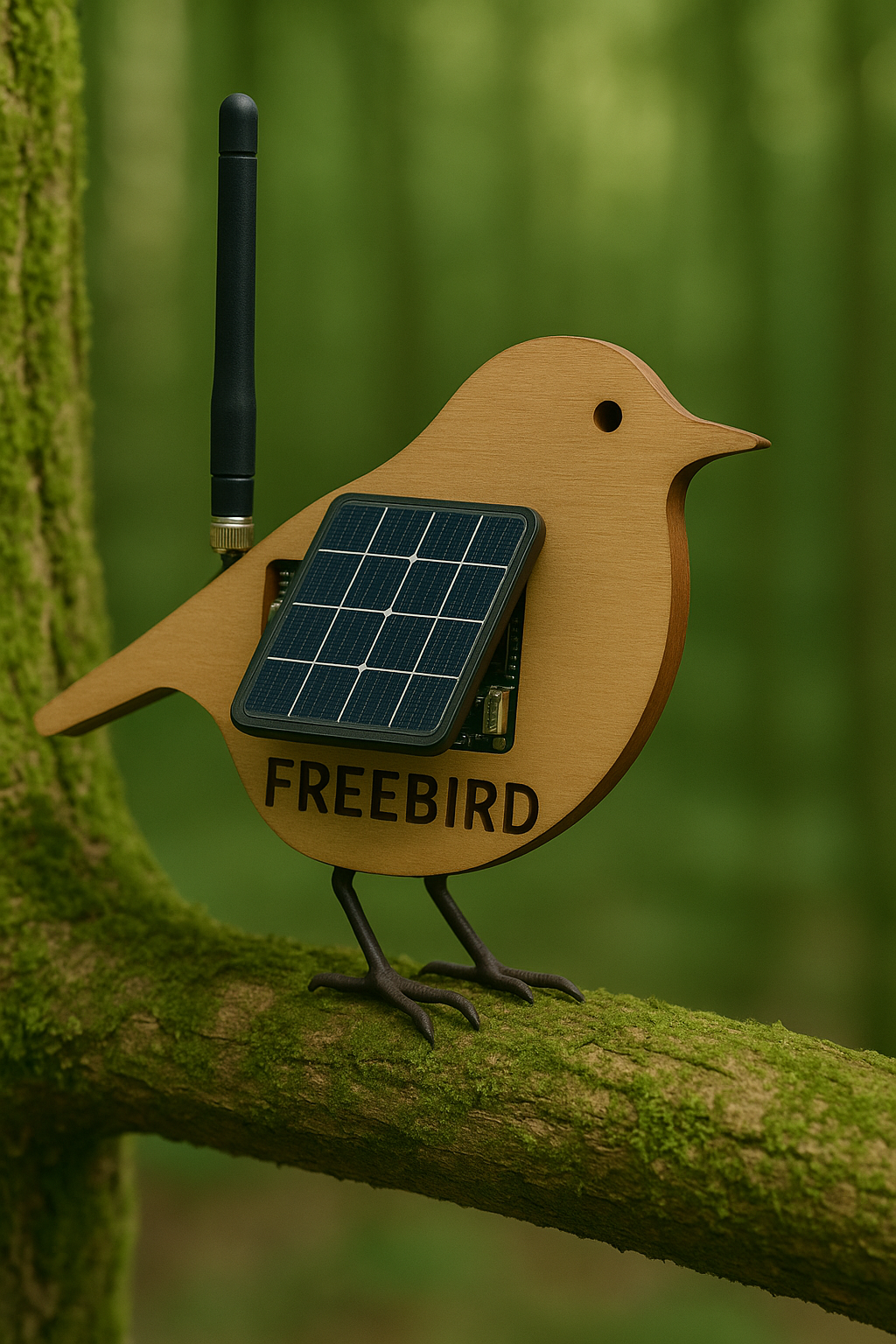 Freebird decentralized mesh node — wooden bird with solar wing on a mossy branch