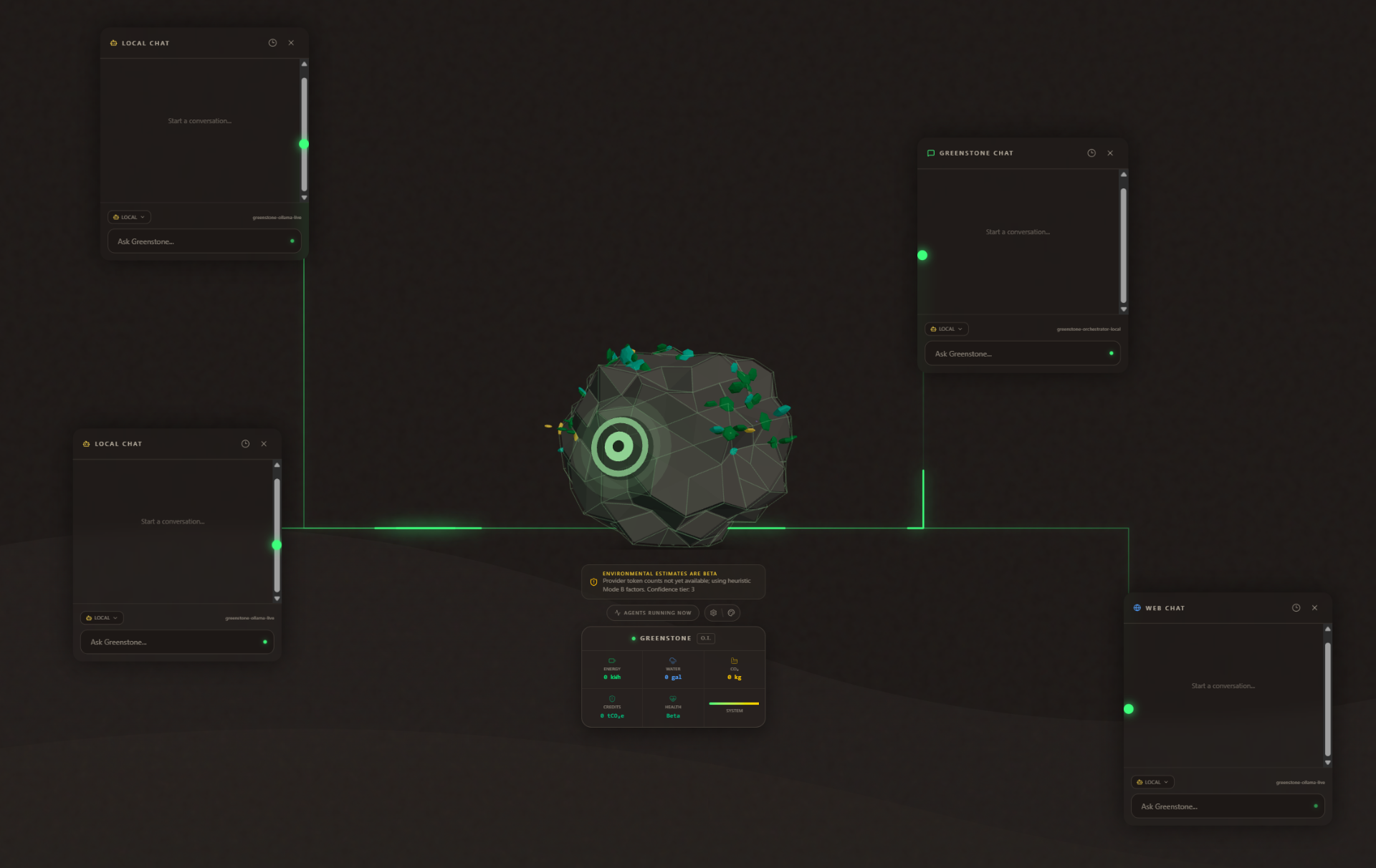 Greenstone canvas with multiple connected chat windows