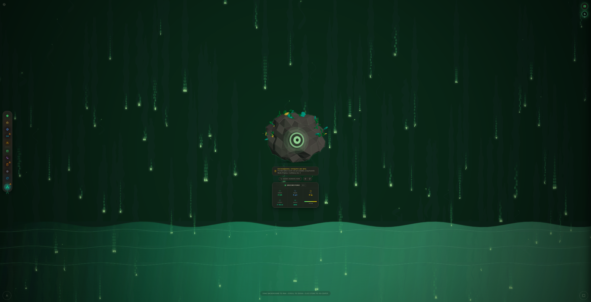 The Greenstone — a low-poly stone with green sprouts and a glowing eye