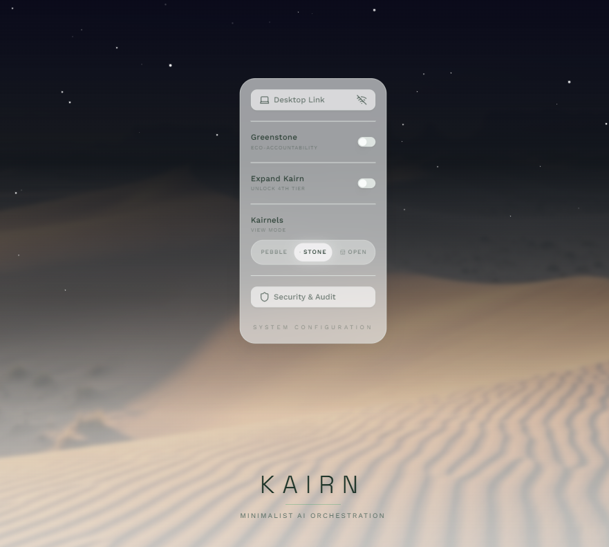 Kairn system configuration — Kairnel view modes: pebble, stone, open